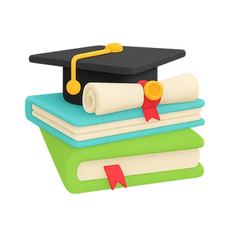 Illustration of academic symbols including graduation cap, diploma, and textbooks, representing education and knowledge