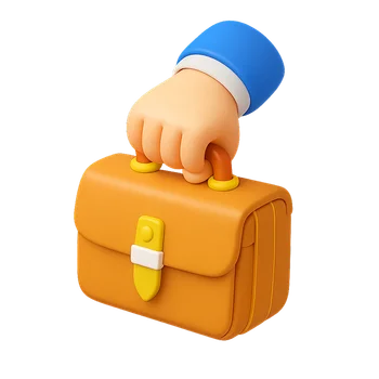 Illustration of a hand holding the handle of a brown briefcase with a yellow buckle