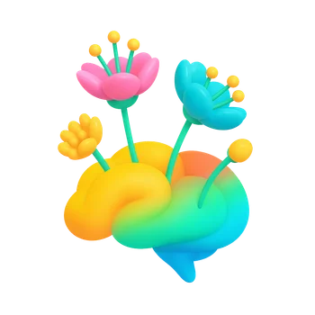 Illustration of a colourful brain with three stylised, vibrant flowers growing from it, symbolising mental wellbeing